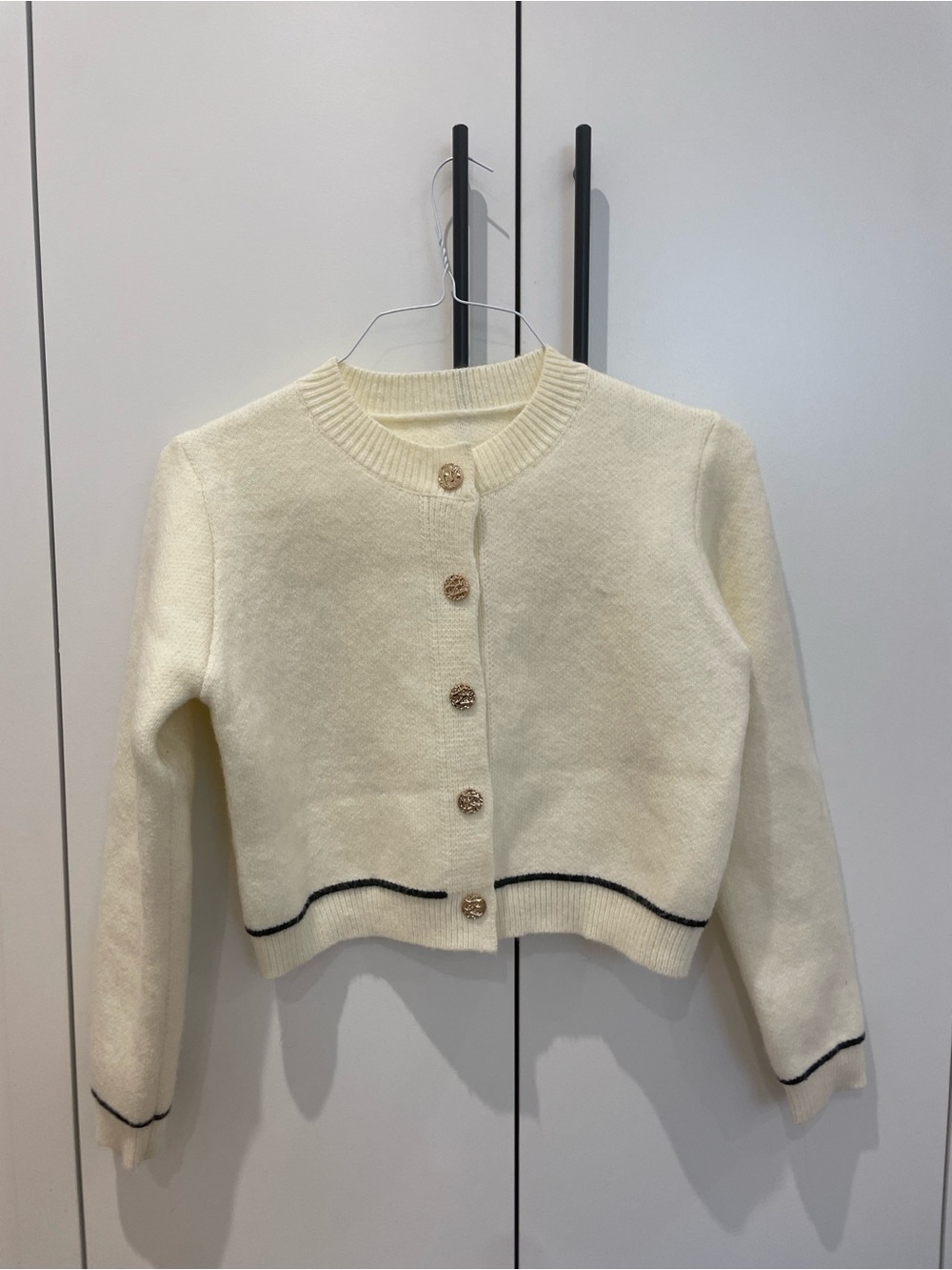 Women's Cream Cropped Knit Cardigan with Contrast Trim